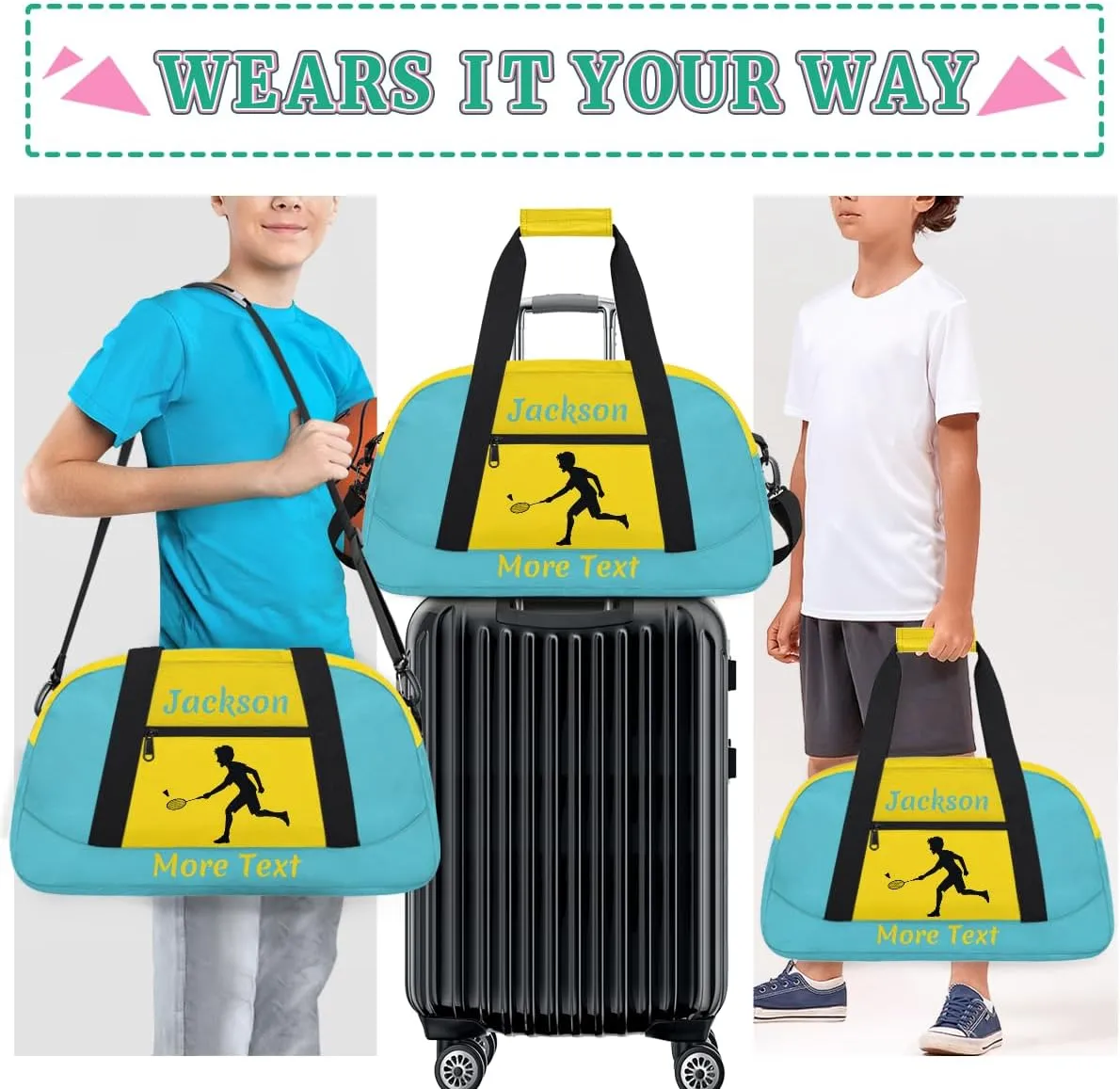 Personalized Kids Gym Bag for Boys Custom Name Sports Duffel Bag Weekender Overnight Travel Bags Blue Badminton Gifts