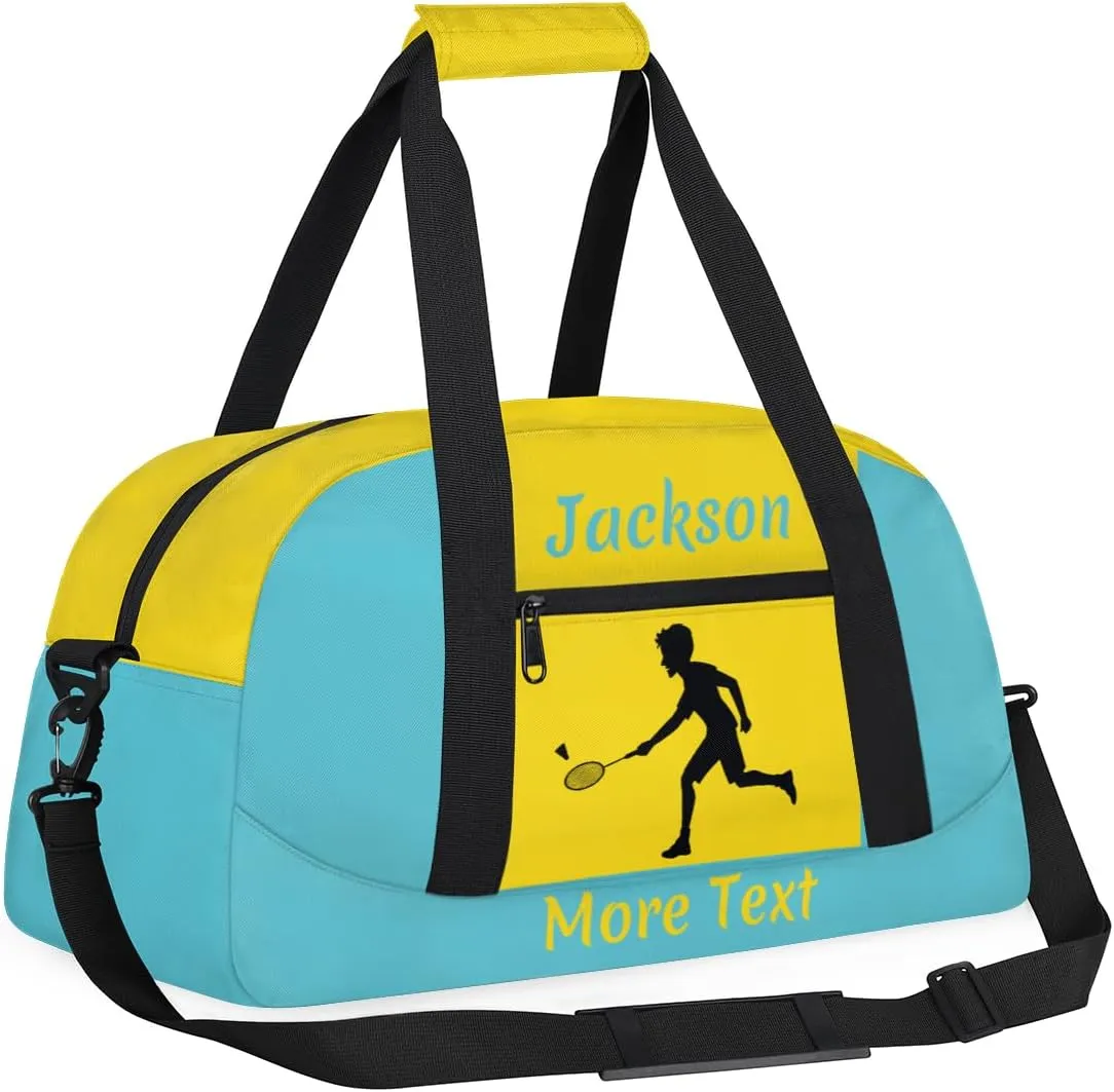 Personalized Kids Gym Bag for Boys Custom Name Sports Duffel Bag Weekender Overnight Travel Bags Blue Badminton Gifts