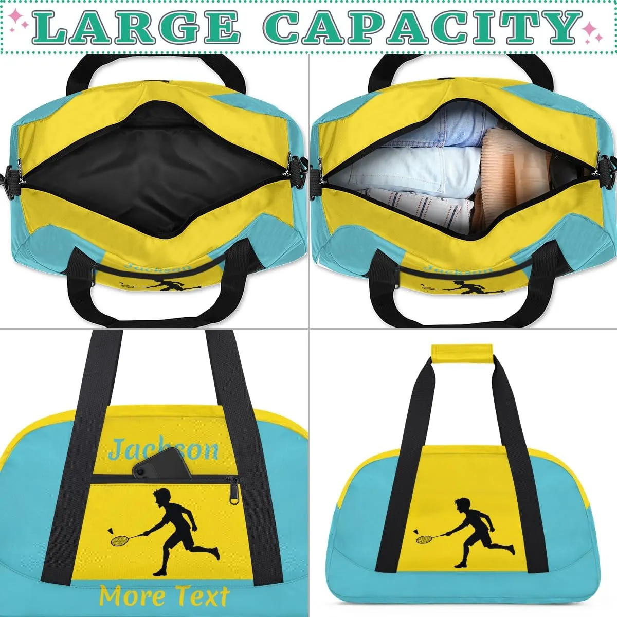 Personalized Kids Gym Bag for Boys Custom Name Sports Duffel Bag Weekender Overnight Travel Bags Blue Badminton Gifts