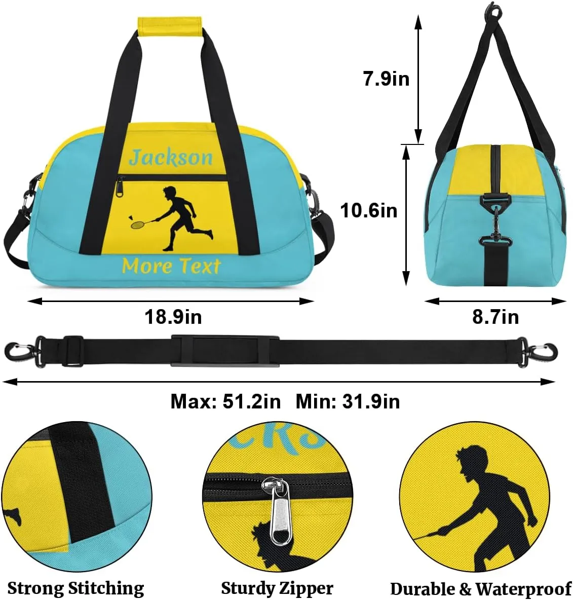 Personalized Kids Gym Bag for Boys Custom Name Sports Duffel Bag Weekender Overnight Travel Bags Blue Badminton Gifts