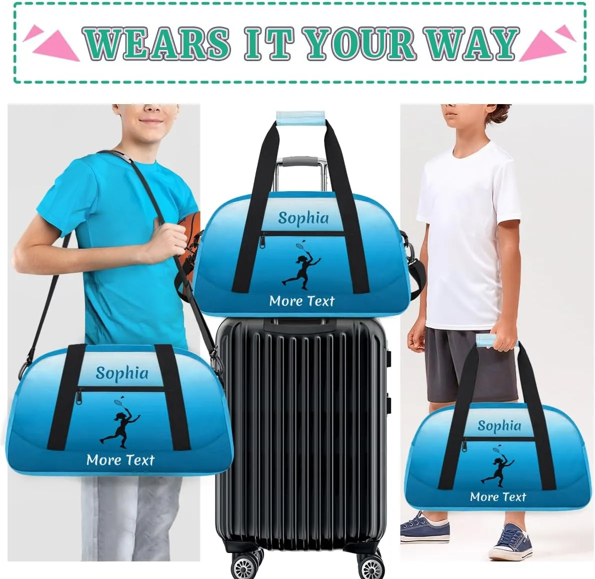 Personalized Kids Gym Bag for Girls Custom Name Sports Duffel Bag Weekender Overnight Travel Bags Blue Badminton Gifts