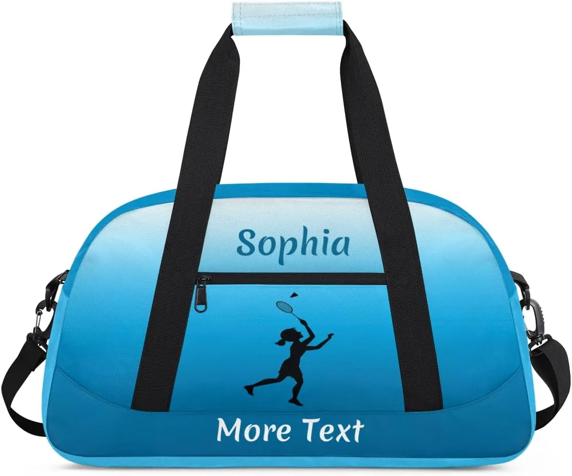Personalized Kids Gym Bag for Girls Custom Name Sports Duffel Bag Weekender Overnight Travel Bags Blue Badminton Gifts