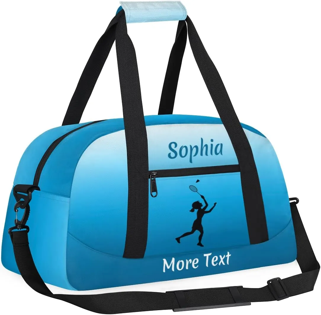 Personalized Kids Gym Bag for Girls Custom Name Sports Duffel Bag Weekender Overnight Travel Bags Blue Badminton Gifts