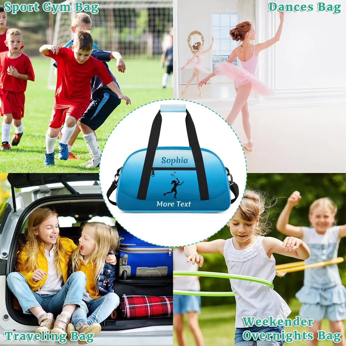Personalized Kids Gym Bag for Girls Custom Name Sports Duffel Bag Weekender Overnight Travel Bags Blue Badminton Gifts