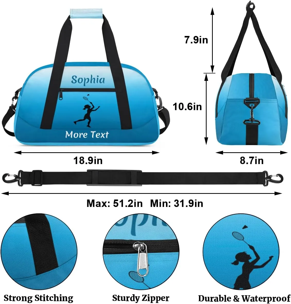 Personalized Kids Gym Bag for Girls Custom Name Sports Duffel Bag Weekender Overnight Travel Bags Blue Badminton Gifts