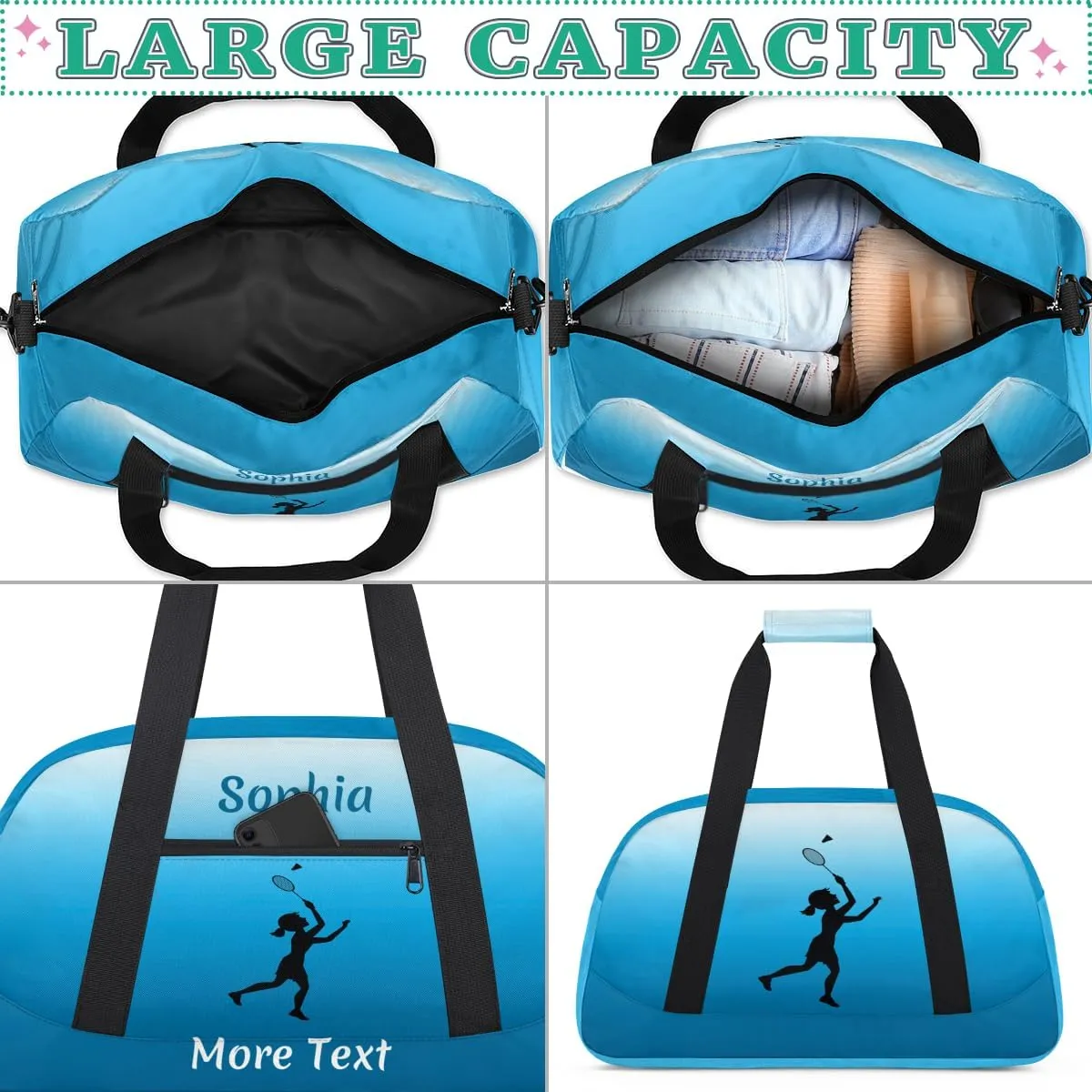 Personalized Kids Gym Bag for Girls Custom Name Sports Duffel Bag Weekender Overnight Travel Bags Blue Badminton Gifts