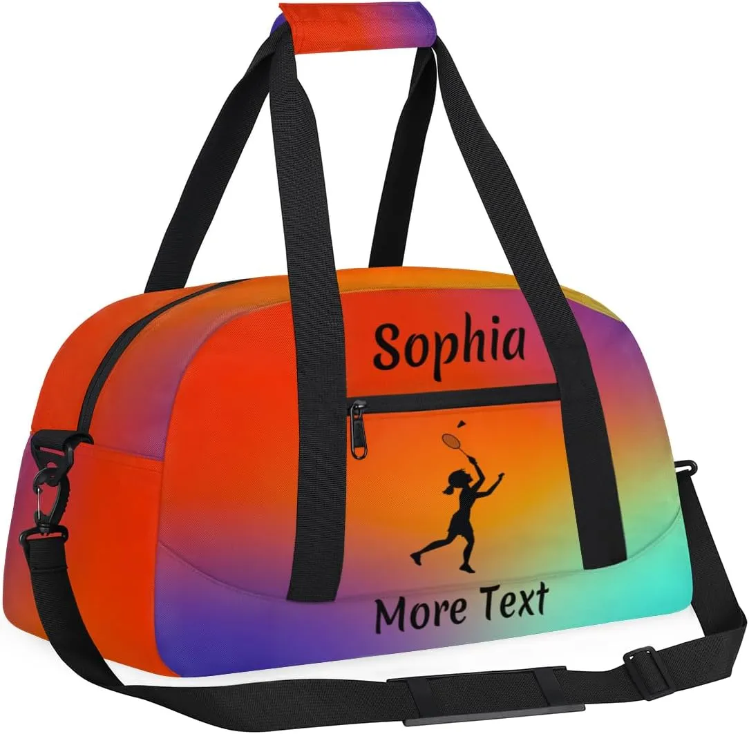 Personalized Kids Gym Bag for Girls Custom Name Sports Duffel Bag Weekender Overnight Travel Bags Red Gradient Badminton Gifts