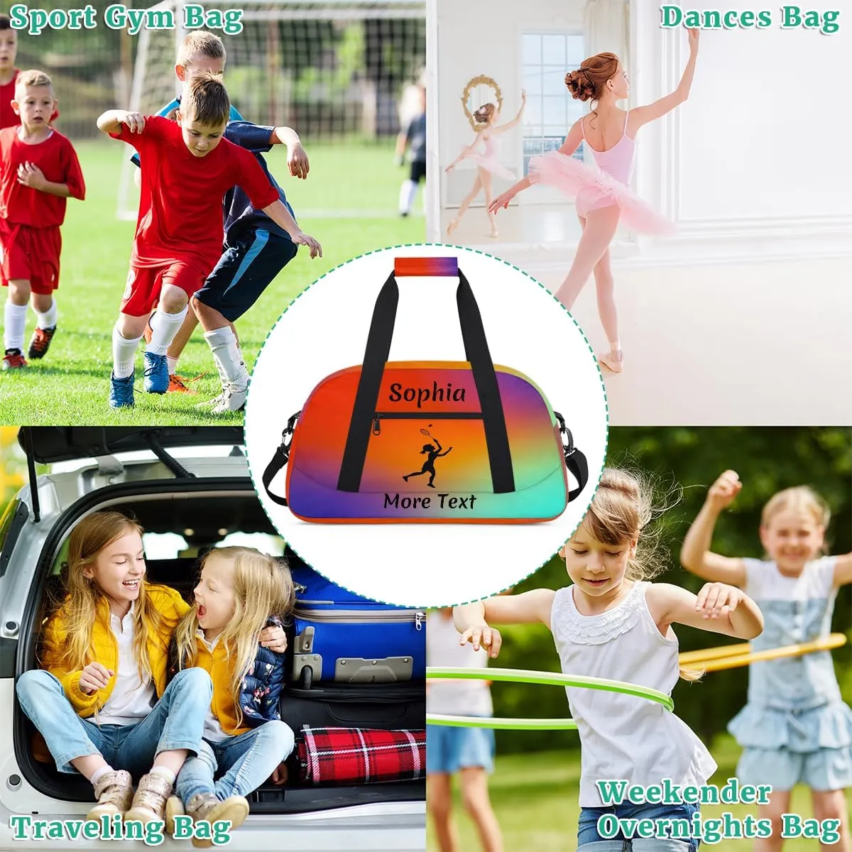 Personalized Kids Gym Bag for Girls Custom Name Sports Duffel Bag Weekender Overnight Travel Bags Red Gradient Badminton Gifts