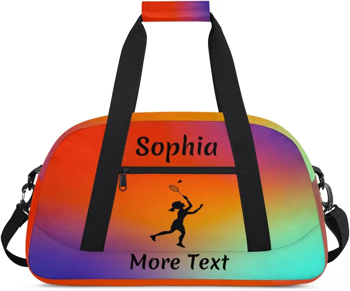 Personalized Kids Gym Bag for Girls Custom Name Sports Duffel Bag Weekender Overnight Travel Bags Red Gradient Badminton Gifts