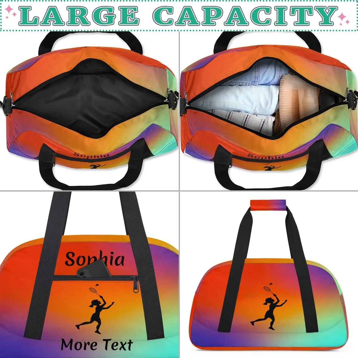 Personalized Kids Gym Bag for Girls Custom Name Sports Duffel Bag Weekender Overnight Travel Bags Red Gradient Badminton Gifts