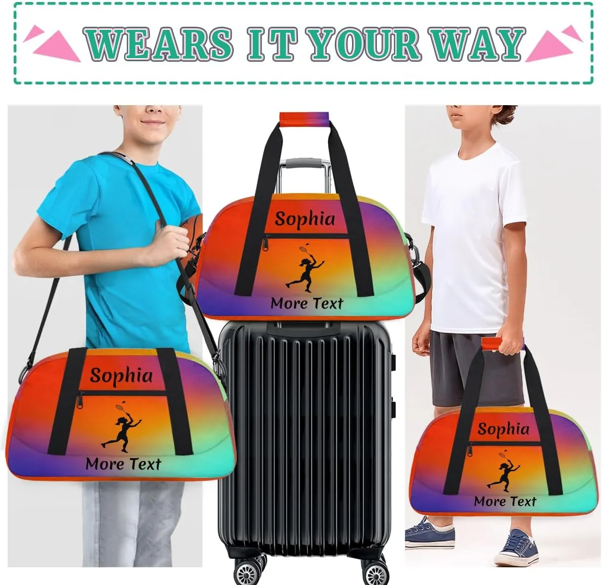 Personalized Kids Gym Bag for Girls Custom Name Sports Duffel Bag Weekender Overnight Travel Bags Red Gradient Badminton Gifts