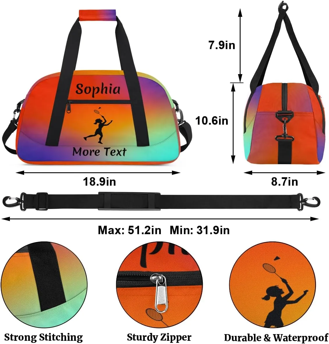 Personalized Kids Gym Bag for Girls Custom Name Sports Duffel Bag Weekender Overnight Travel Bags Red Gradient Badminton Gifts