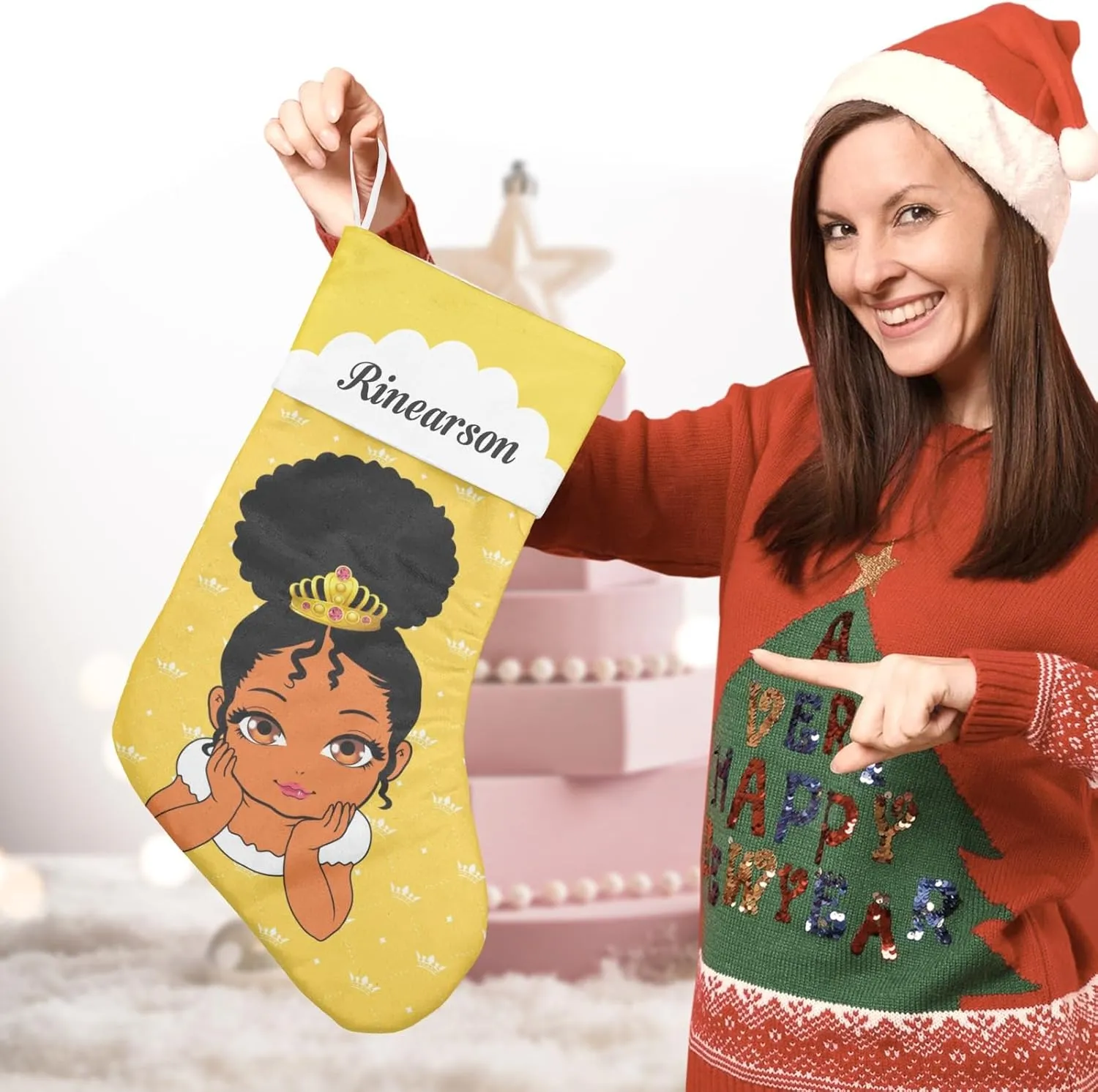 Personalized Lemond Crown Princess Afro Girl Christmas Stocking Xmas Socks Hanging Decor Fireplace Tree,Custom Large Family Stockings for Party Holiday Boy Girl 1 Pack