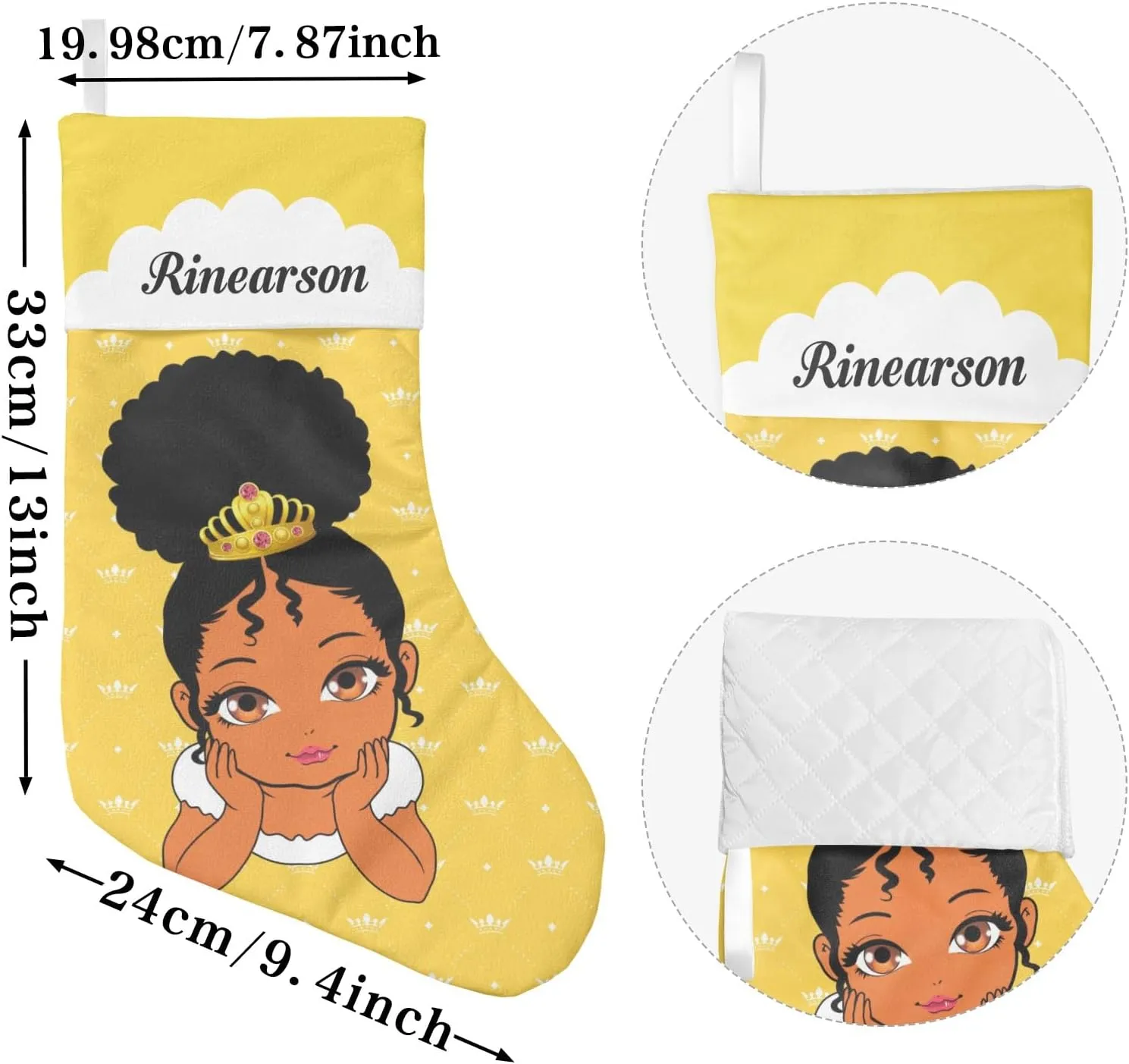 Personalized Lemond Crown Princess Afro Girl Christmas Stocking Xmas Socks Hanging Decor Fireplace Tree,Custom Large Family Stockings for Party Holiday Boy Girl 1 Pack