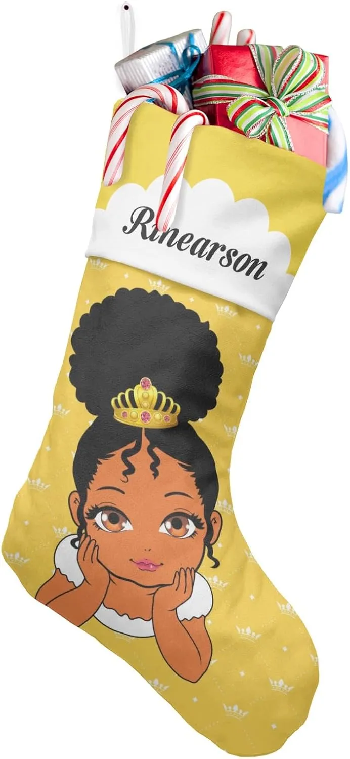 Personalized Lemond Crown Princess Afro Girl Christmas Stocking Xmas Socks Hanging Decor Fireplace Tree,Custom Large Family Stockings for Party Holiday Boy Girl 1 Pack