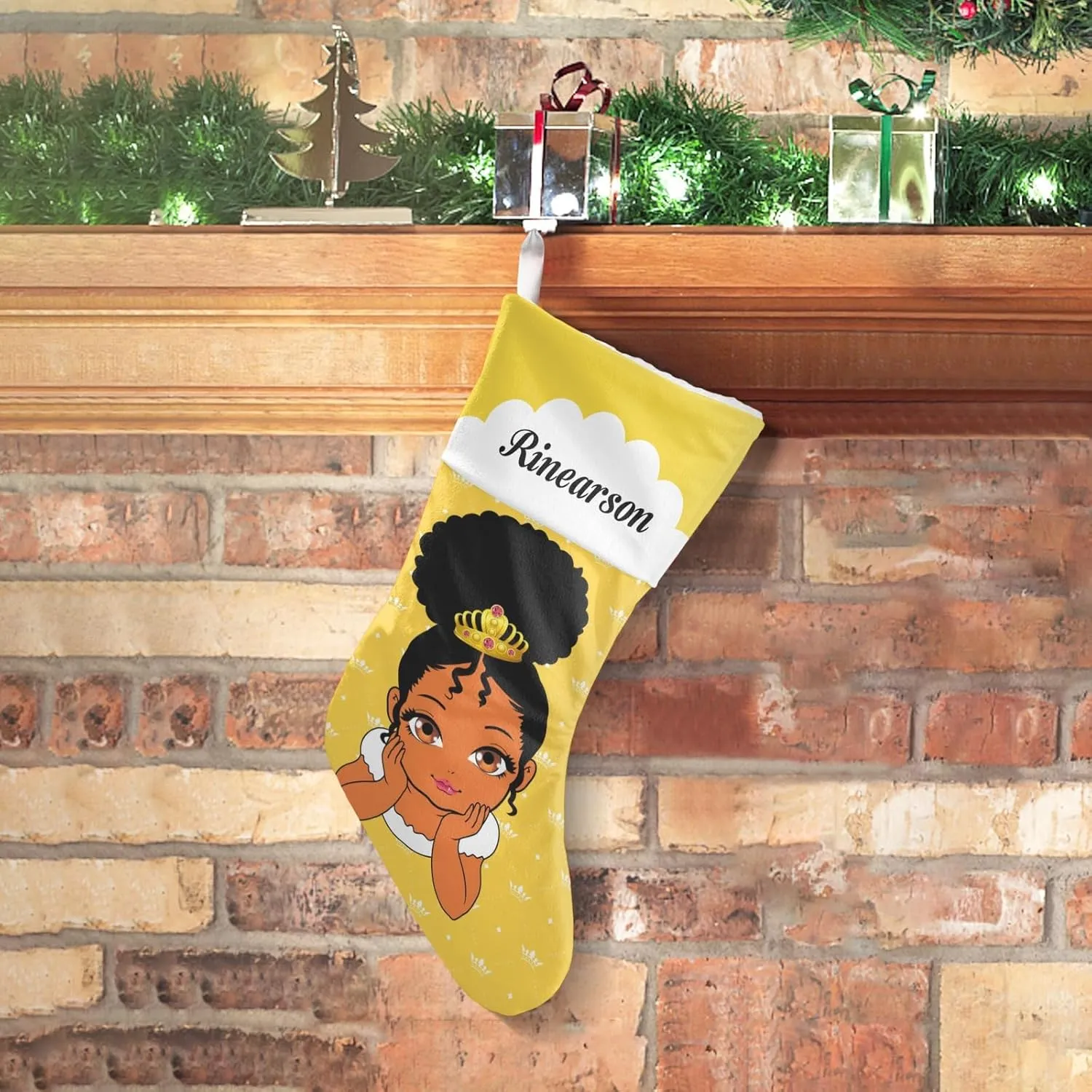Personalized Lemond Crown Princess Afro Girl Christmas Stocking Xmas Socks Hanging Decor Fireplace Tree,Custom Large Family Stockings for Party Holiday Boy Girl 1 Pack