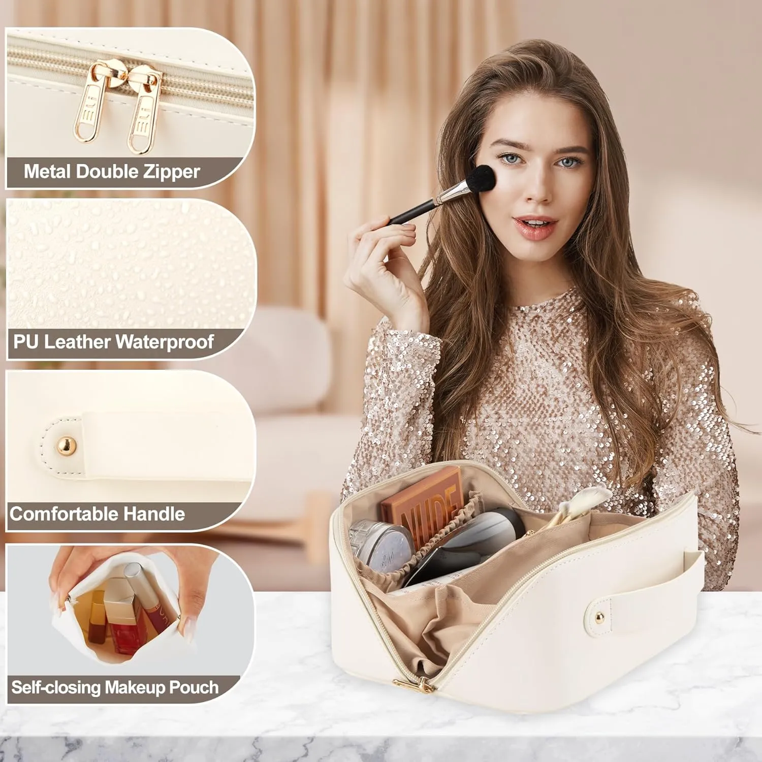Personalized Makeup Bag - 2 Pcs Cosmetic Bags Set,Double Metal Zipper Makeup Organizer,Toiletry Bag with Divider & Handle,Travel Essentials