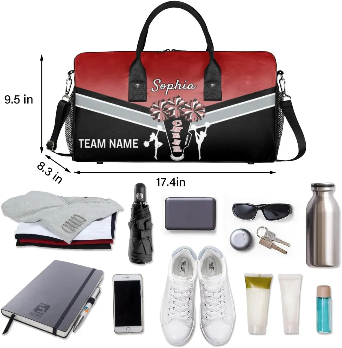Personalized Name Cheer Bags for Cheerleaders, Custom Travel Duffle Bag, Custom Sports Bag for Women, Cheerleading Overnight Weekender Bag, Deep Red Gradient