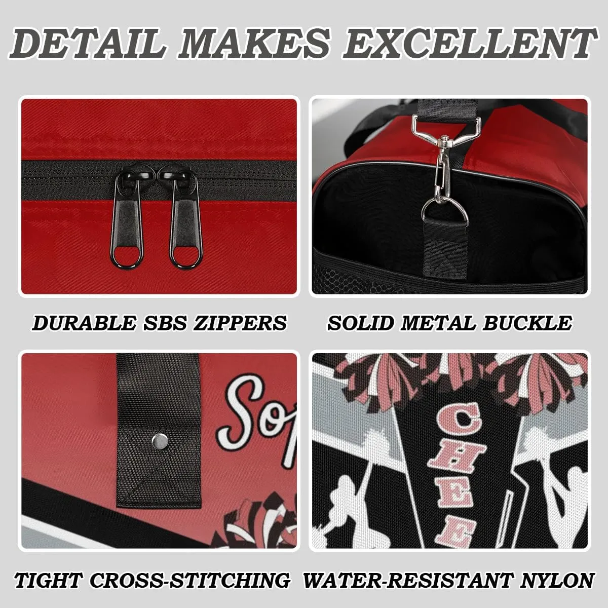 Personalized Name Cheer Bags for Cheerleaders, Custom Travel Duffle Bag, Custom Sports Bag for Women, Cheerleading Overnight Weekender Bag, Deep Red Gradient