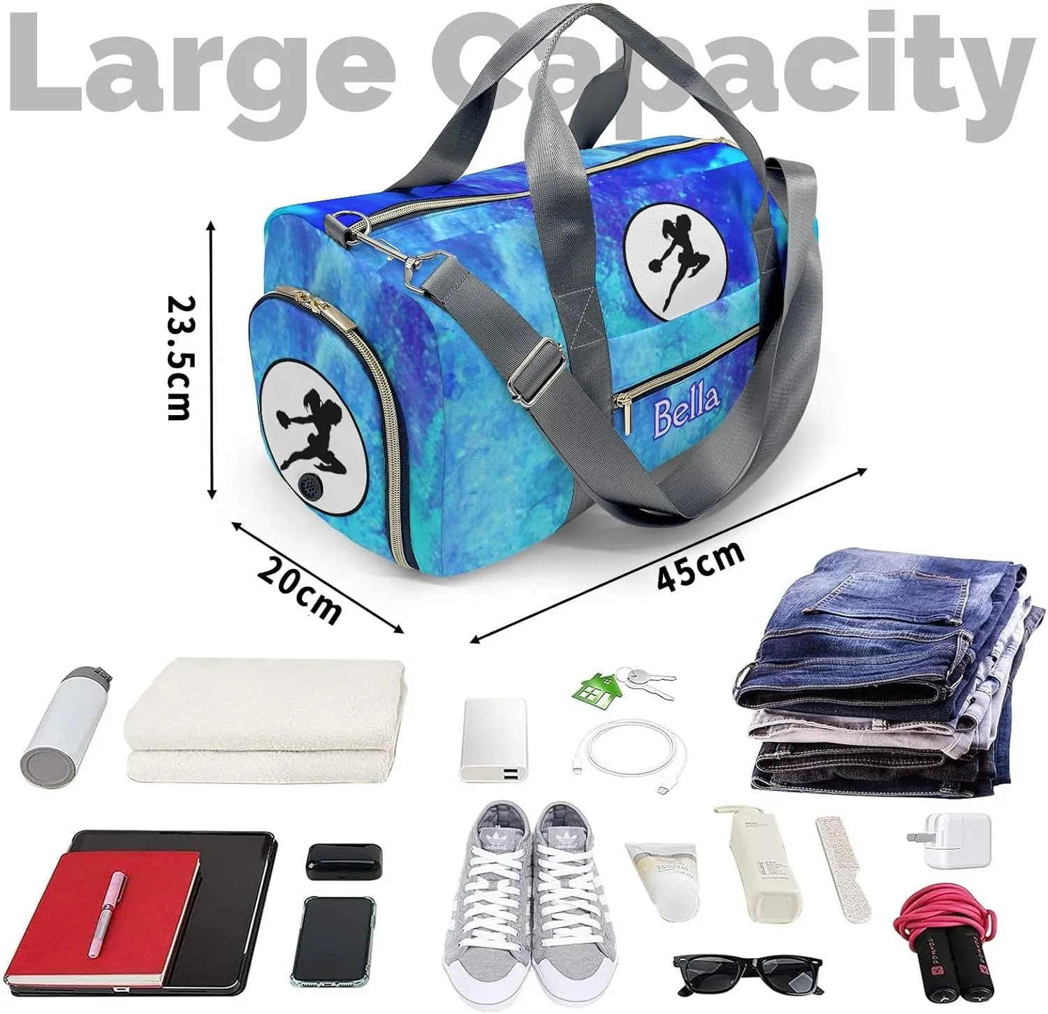 Personalized Name Duffel Bag Cheerleader Watercolor Blue On-the-Go Fitness: Travel Bags Designed for Active Living
