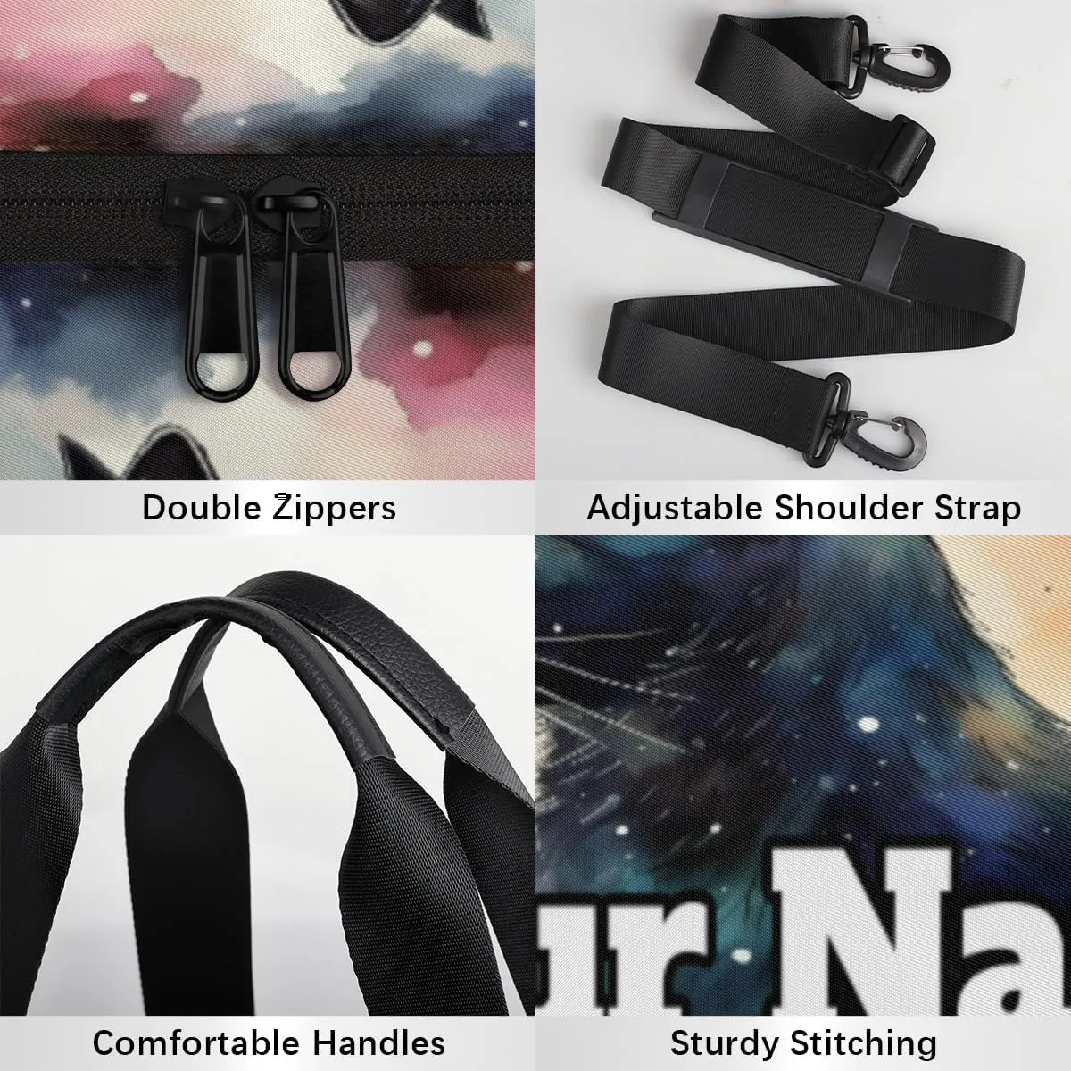 Personalized Name Gym Bag for Women, Customized Black Cat Cylinder Sports Bags for Men, Waterproof Weekender Bag, Duffle Bags for Travel Swim Dance, Cute
