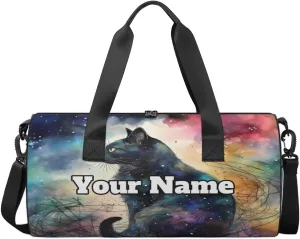 Personalized Name Gym Bag for Women, Customized Black Cat Cylinder Sports Bags for Men, Waterproof Weekender Bag, Duffle Bags for Travel Swim Dance, Cute