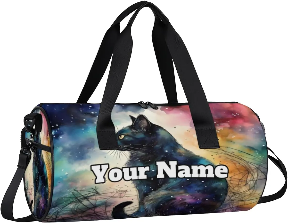 Personalized Name Gym Bag for Women, Customized Black Cat Cylinder Sports Bags for Men, Waterproof Weekender Bag, Duffle Bags for Travel Swim Dance, Cute