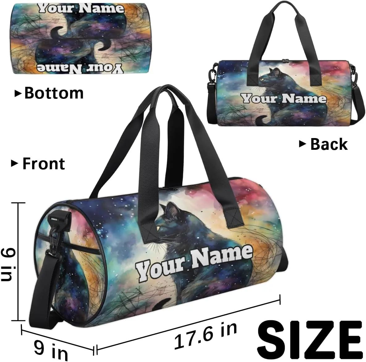 Personalized Name Gym Bag for Women, Customized Black Cat Cylinder Sports Bags for Men, Waterproof Weekender Bag, Duffle Bags for Travel Swim Dance, Cute