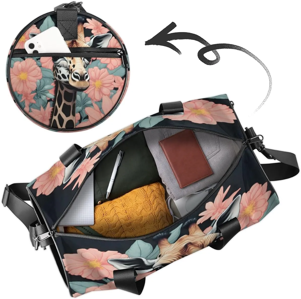 Personalized Name Gym Bag for Women, Customized Giraffes Print Cylinder Sports Bags for Men, Waterproof Weekender Bag, Duffle Bags for Travel Swim Dance, Flower