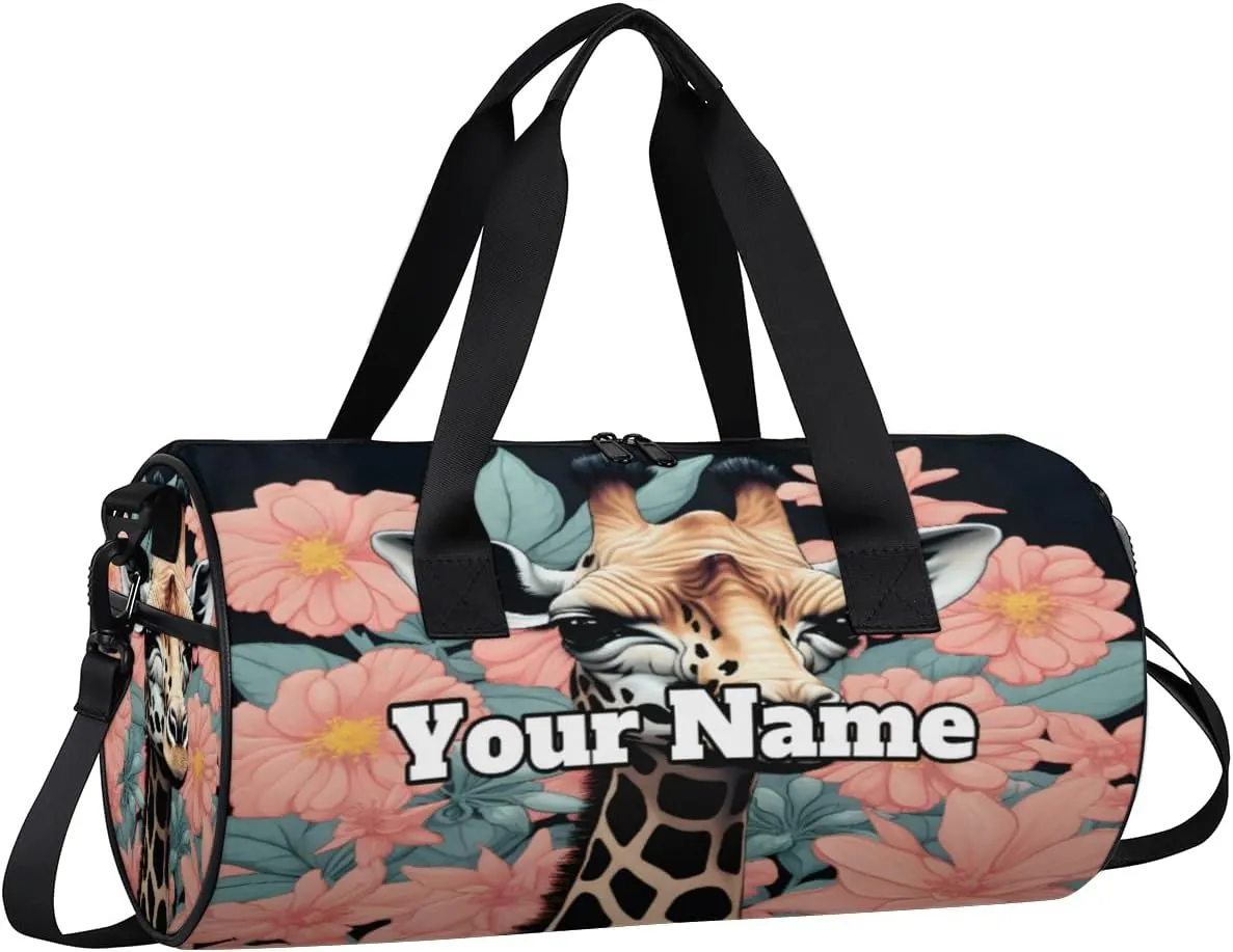 Personalized Name Gym Bag for Women, Customized Giraffes Print Cylinder Sports Bags for Men, Waterproof Weekender Bag, Duffle Bags for Travel Swim Dance, Flower