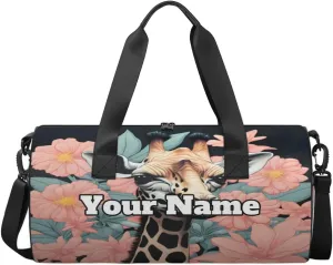 Personalized Name Gym Bag for Women, Customized Giraffes Print Cylinder Sports Bags for Men, Waterproof Weekender Bag, Duffle Bags for Travel Swim Dance, Flower