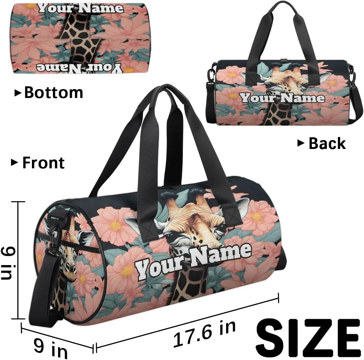 Personalized Name Gym Bag for Women, Customized Giraffes Print Cylinder Sports Bags for Men, Waterproof Weekender Bag, Duffle Bags for Travel Swim Dance, Flower
