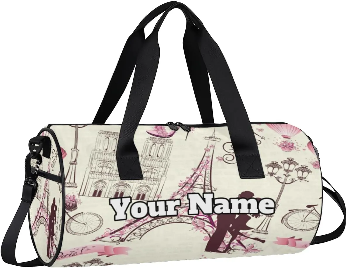 Personalized Name Gym Bag for Women, Customized Paris Cylinder Sports Bags for Men, Waterproof Weekender Bag, Duffle Bags for Travel Swim Dance, France Eiffel Tower Couple