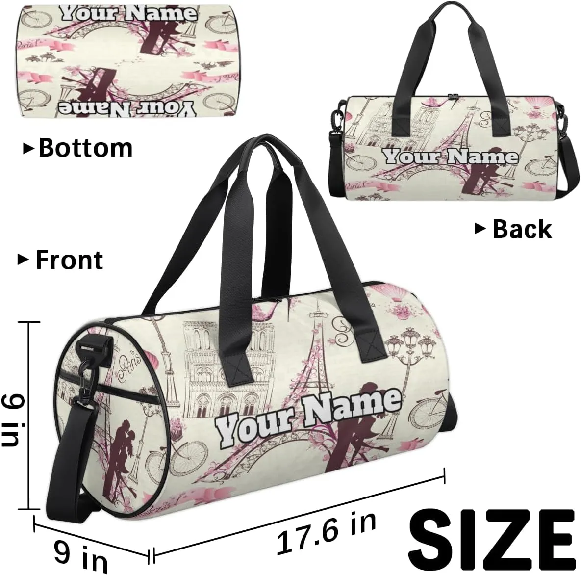 Personalized Name Gym Bag for Women, Customized Paris Cylinder Sports Bags for Men, Waterproof Weekender Bag, Duffle Bags for Travel Swim Dance, France Eiffel Tower Couple