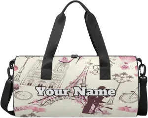 Personalized Name Gym Bag for Women, Customized Paris Cylinder Sports Bags for Men, Waterproof Weekender Bag, Duffle Bags for Travel Swim Dance, France Eiffel Tower Couple