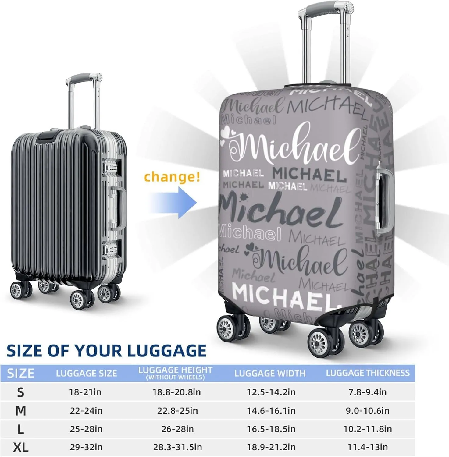 Personalized Name Luggage Cover, Custom Travel Carry on Cover Protector Wrap Gift for Men Women, Waterproof Stretchable Suitcase Protector for Travel Business Couples Family, S Size Fits 18-21 In