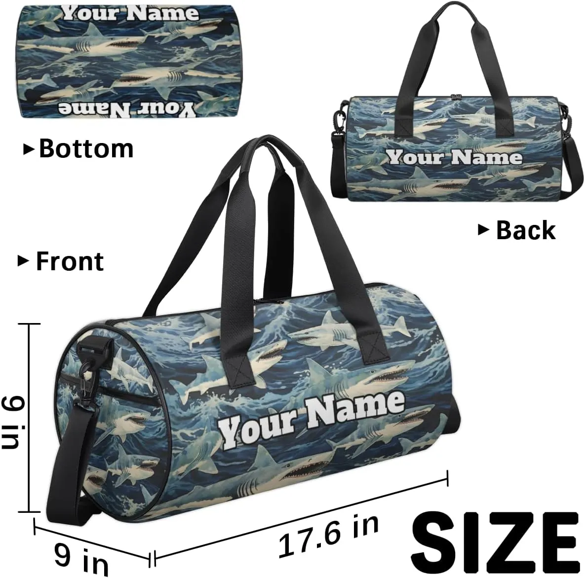Personalized Ocean Animal Sport Gym Bag, Custom Name Duffel Bags for Men, Waterproof Custom Sport Duffel Bag, Gymnastics Dance, shark