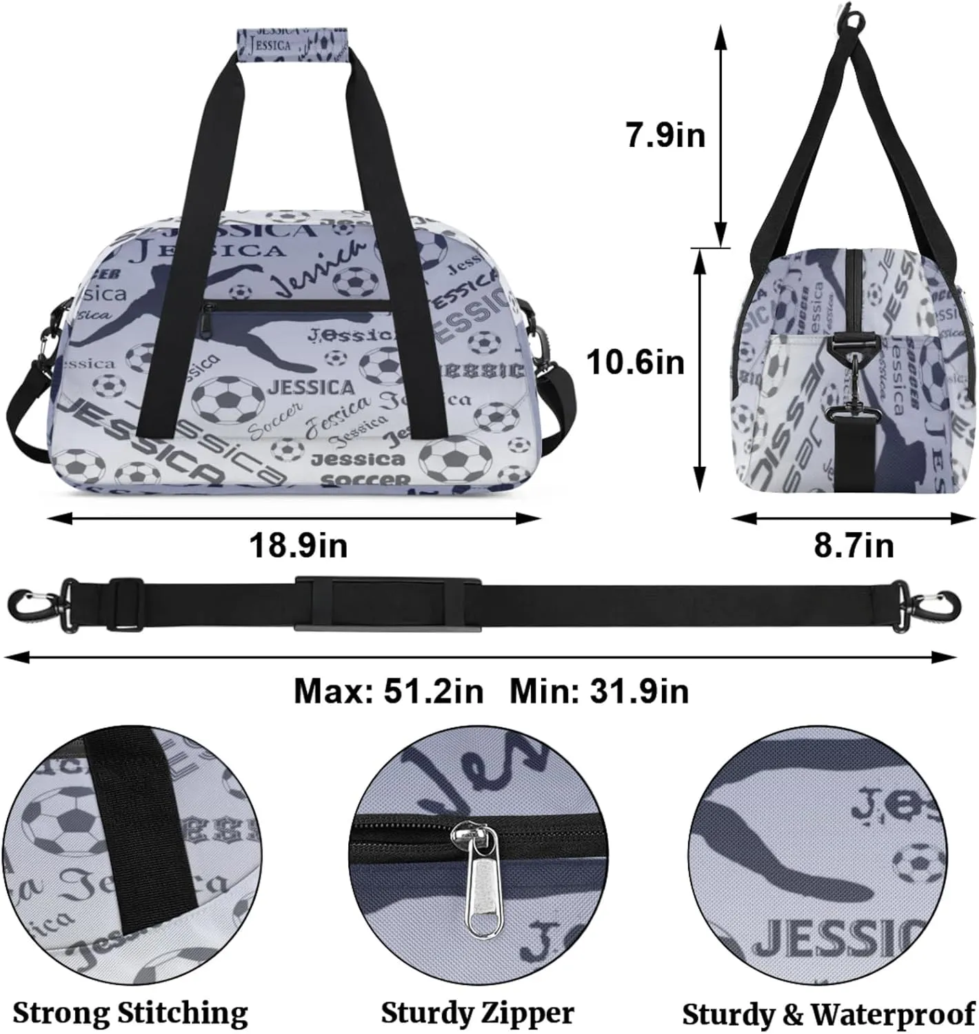 Personalized Soccer Sports Duffel Bag for Women, Custom Travel Gym Bags Birthday Gifts with Your Name, Cheer Dance Overnight Weekender Bag Cobalt Blue Gradient