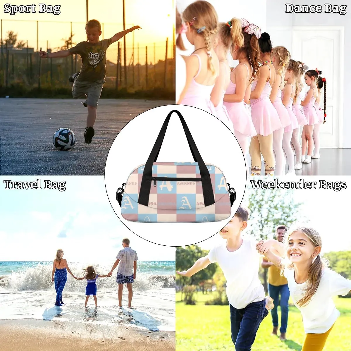 Personalized Sport Dance Bag Custom Boys Gym Bag Girls Ballet Dance Bag Customize Travel Duffle Bag with Name Overnight Weekender Bags (Blue Beige Brown)