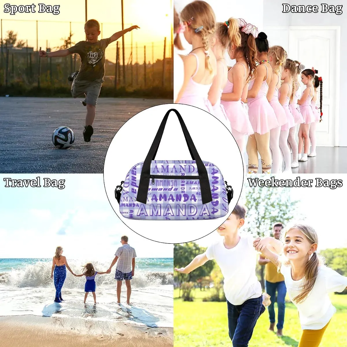 Personalized Sport Dance Bag Custom Boys Gym Bag Girls Ballet Dance Bag Customize Travel Duffle Bag with Name Overnight Weekender Bags (Indigo Grid)