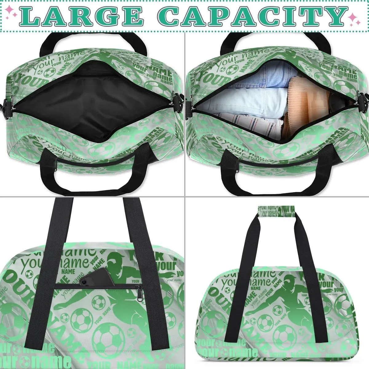 Personalized Sport Duffel Bag Name Light Green Soccer With Name Custom Overnight Bag Sleepover Bag Weekender Bags Workout Bag For Dance Ballet Gym Gymnastics Luggage Travel Bag Gift