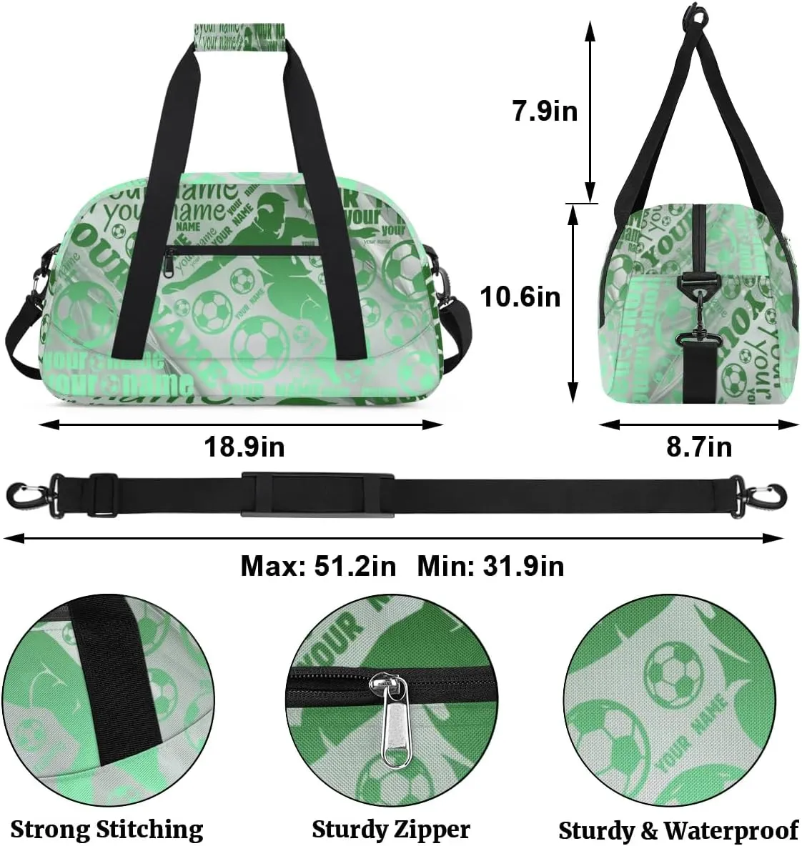 Personalized Sport Duffel Bag Name Light Green Soccer With Name Custom Overnight Bag Sleepover Bag Weekender Bags Workout Bag For Dance Ballet Gym Gymnastics Luggage Travel Bag Gift