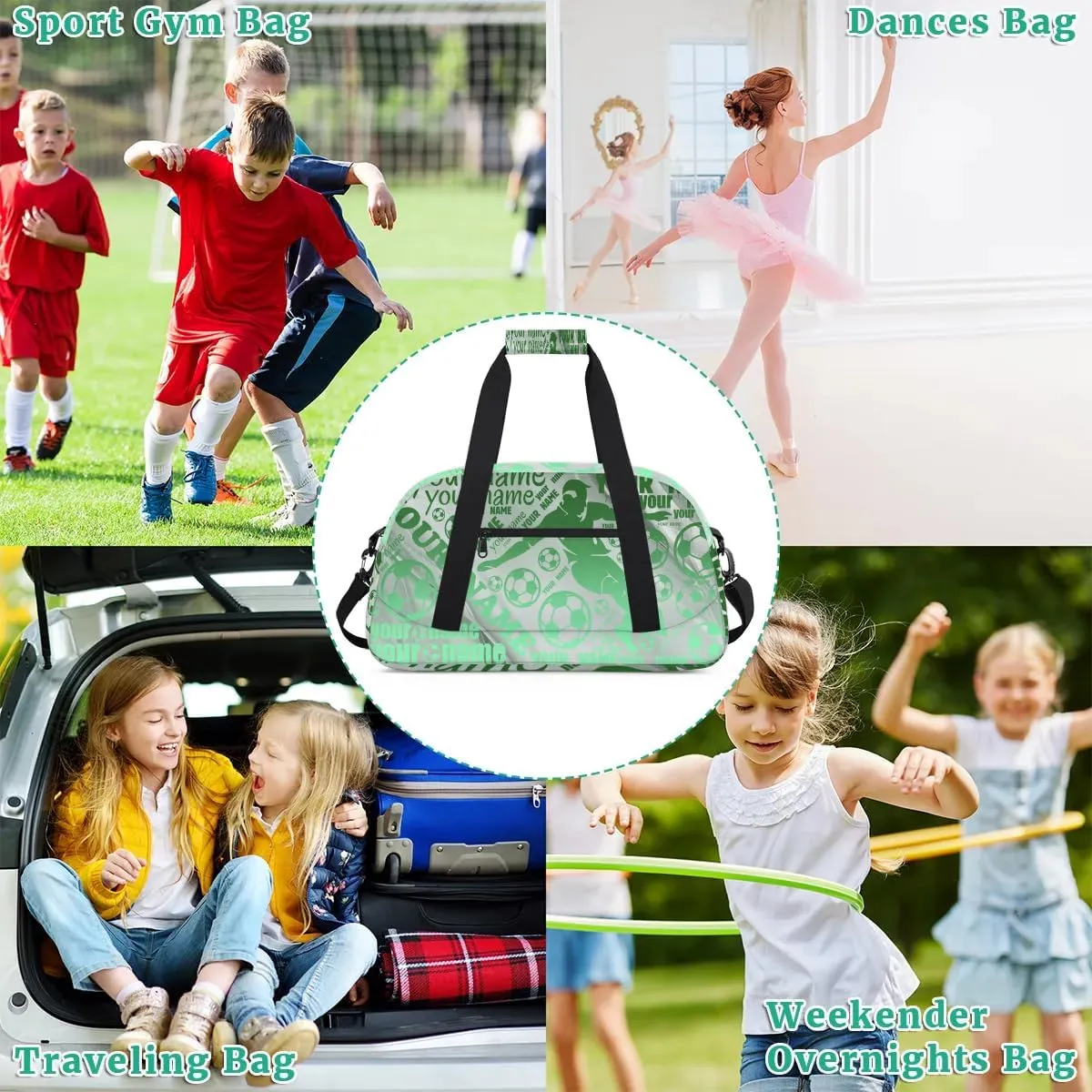 Personalized Sport Duffel Bag Name Light Green Soccer With Name Custom Overnight Bag Sleepover Bag Weekender Bags Workout Bag For Dance Ballet Gym Gymnastics Luggage Travel Bag Gift