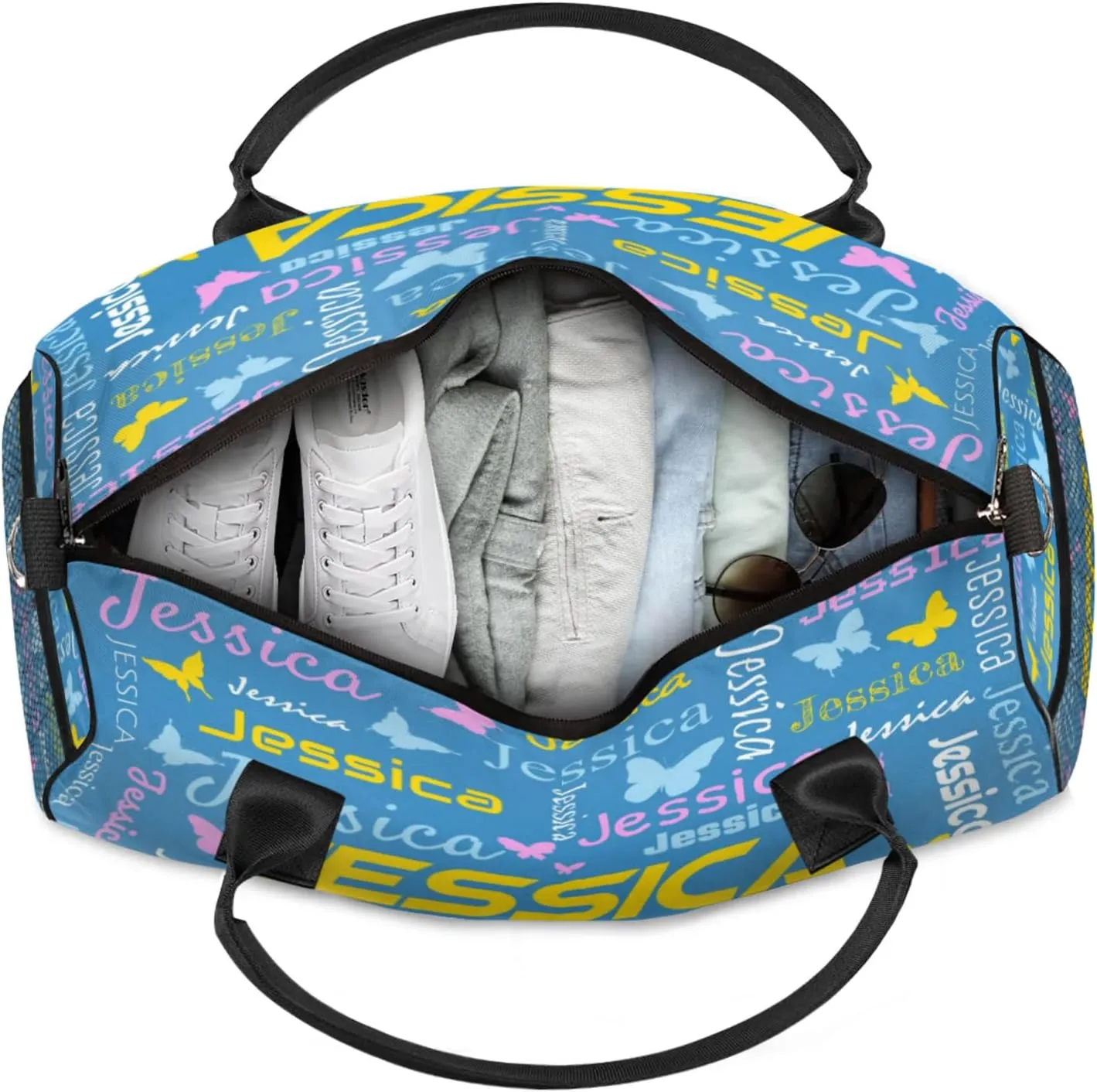 Personalized Sport Duffel Bag with Name, Colorful Butterflies Design Custom Weekender Bag Sleepover Bags for Dance Ballet Gymnastics, Cobalt Blue