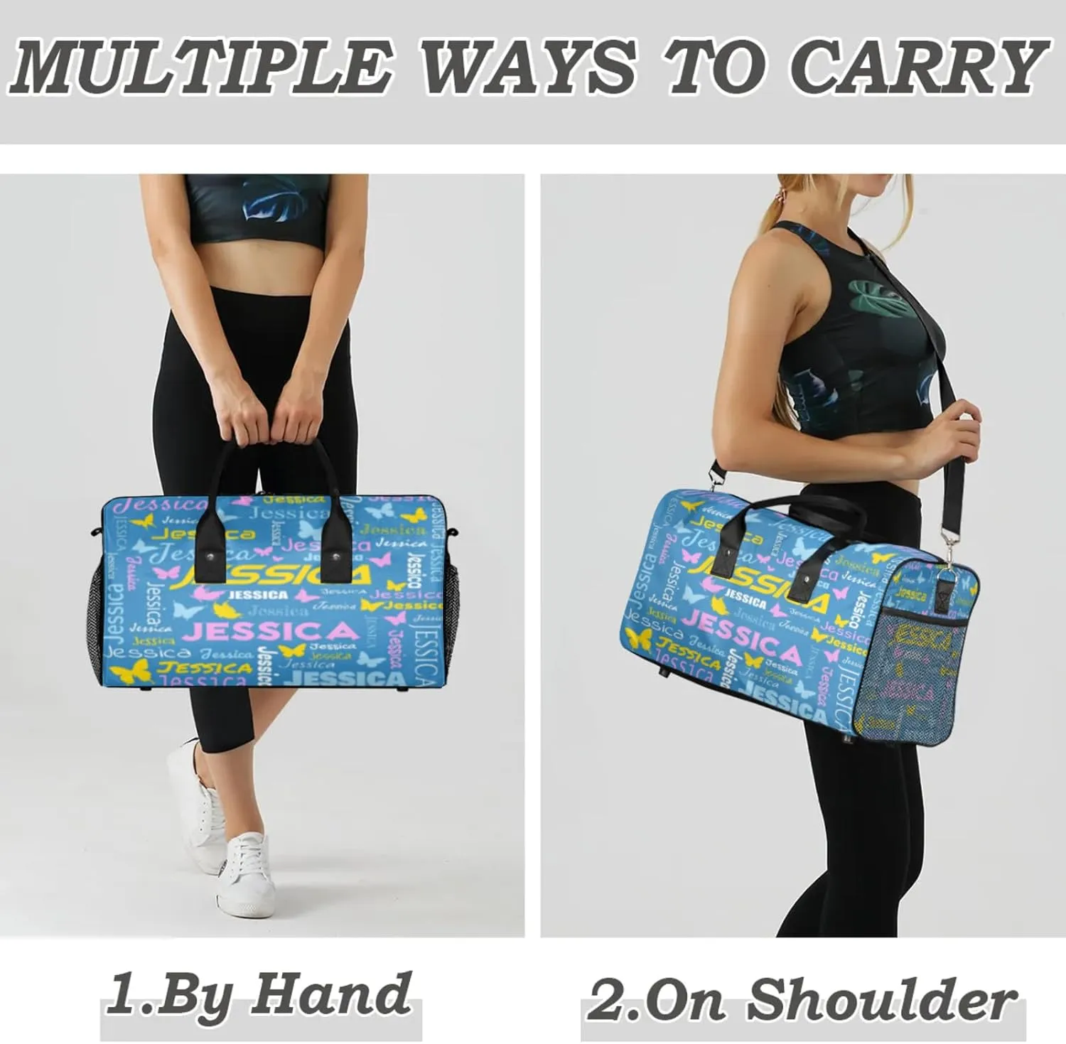 Personalized Sport Duffel Bag with Name, Colorful Butterflies Design Custom Weekender Bag Sleepover Bags for Dance Ballet Gymnastics, Cobalt Blue