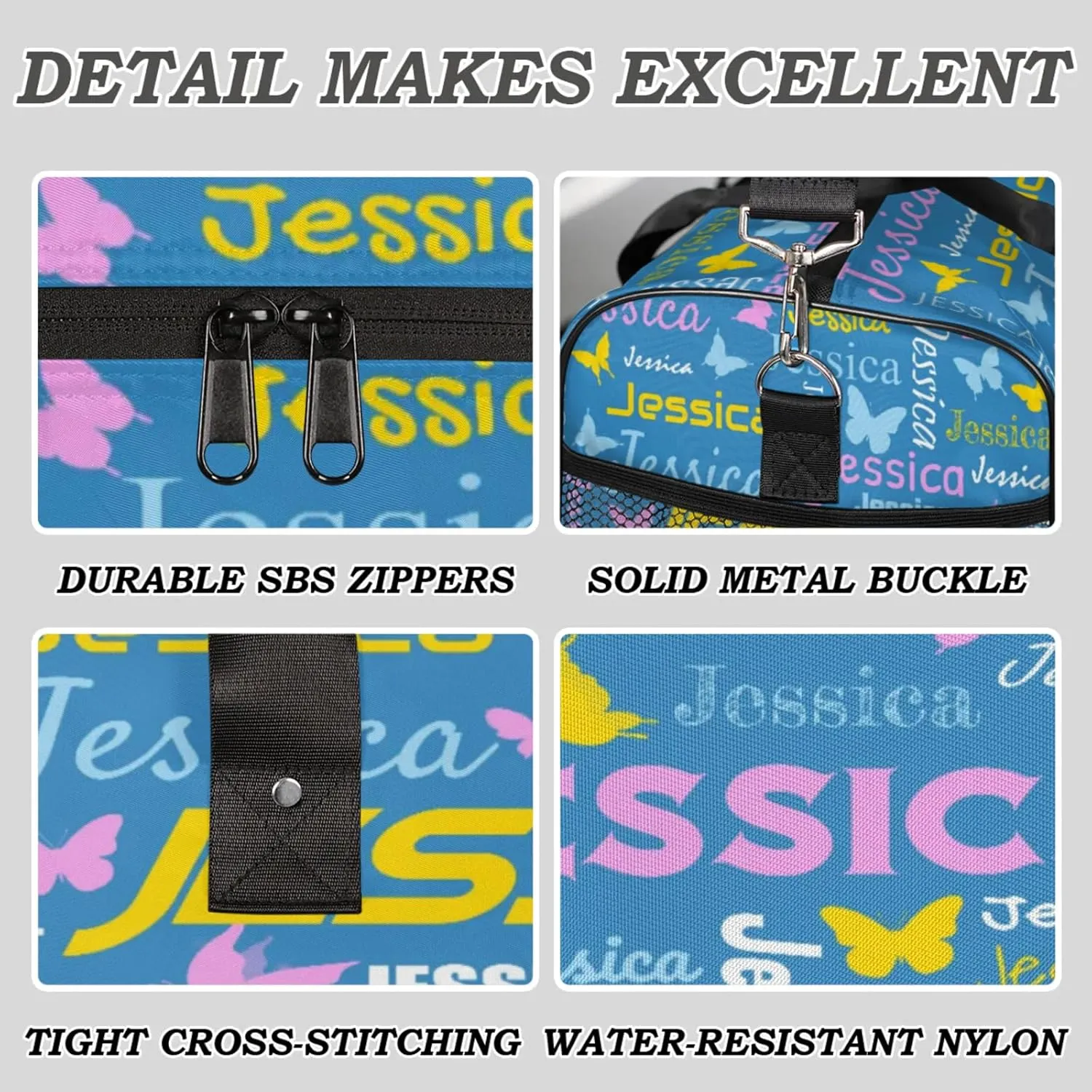 Personalized Sport Duffel Bag with Name, Colorful Butterflies Design Custom Weekender Bag Sleepover Bags for Dance Ballet Gymnastics, Cobalt Blue