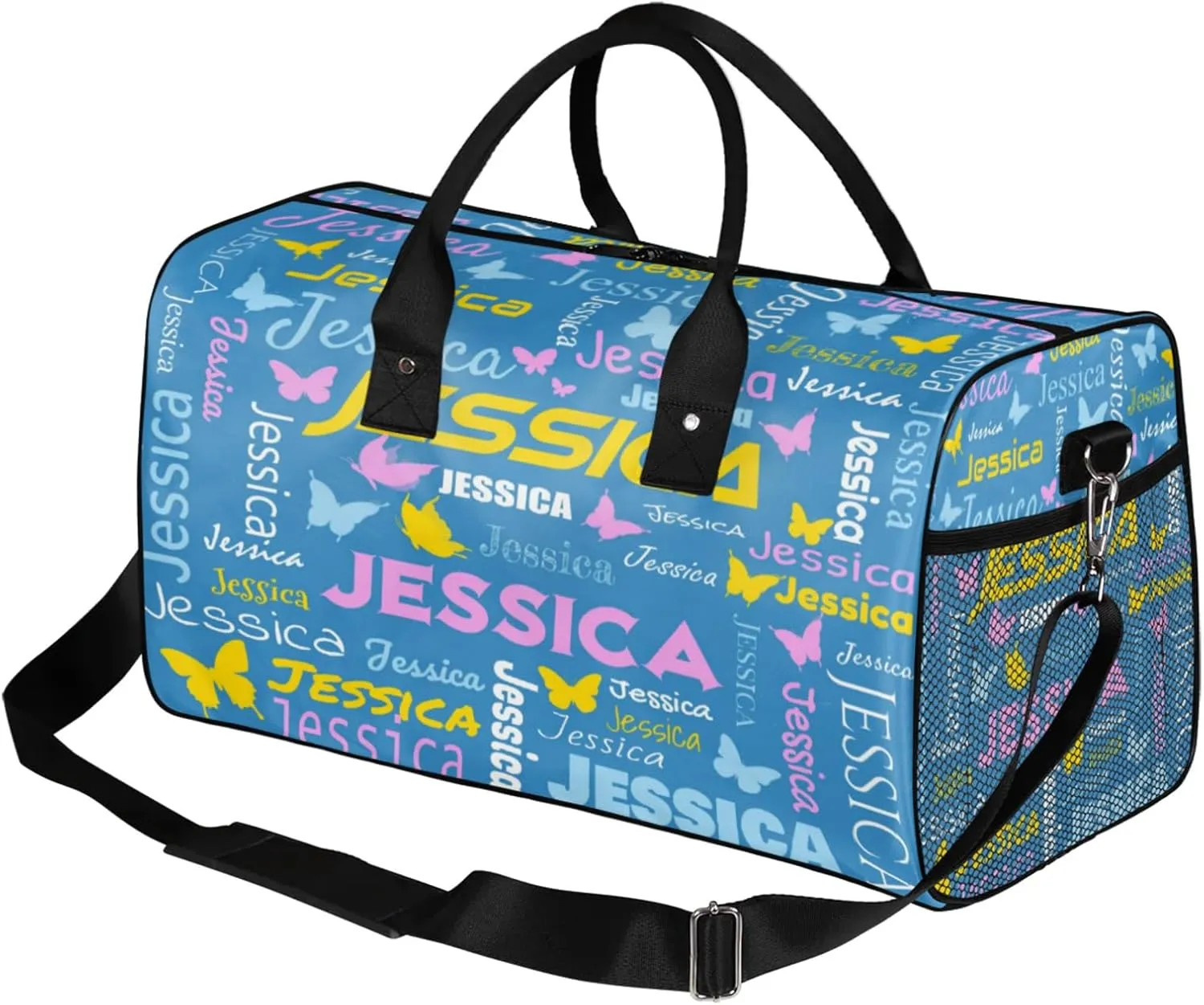 Personalized Sport Duffel Bag with Name, Colorful Butterflies Design Custom Weekender Bag Sleepover Bags for Dance Ballet Gymnastics, Cobalt Blue