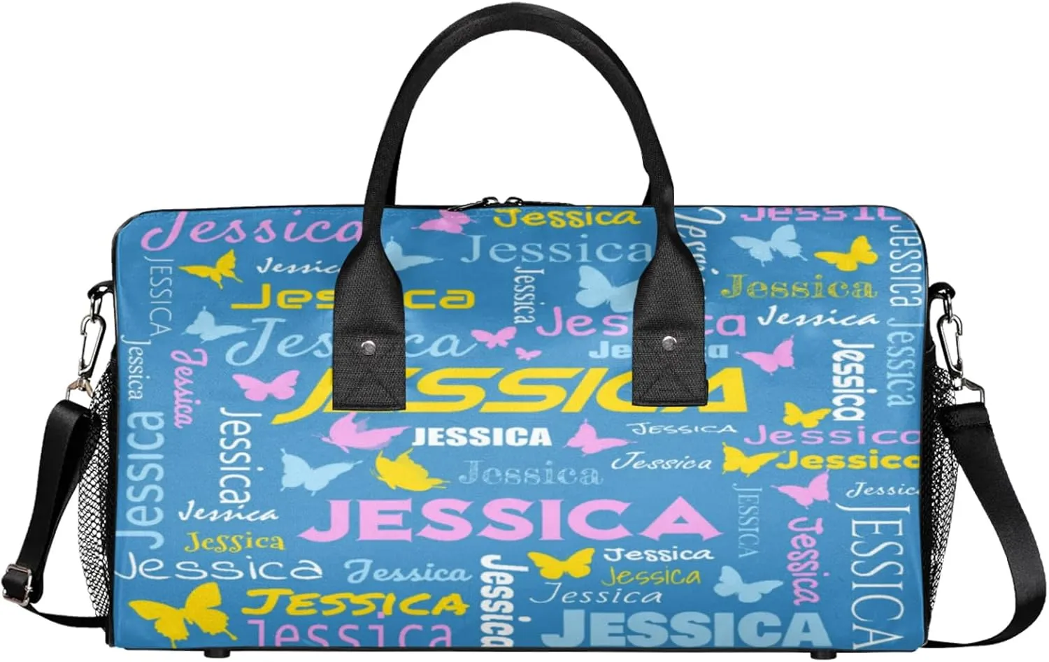 Personalized Sport Duffel Bag with Name, Colorful Butterflies Design Custom Weekender Bag Sleepover Bags for Dance Ballet Gymnastics, Cobalt Blue
