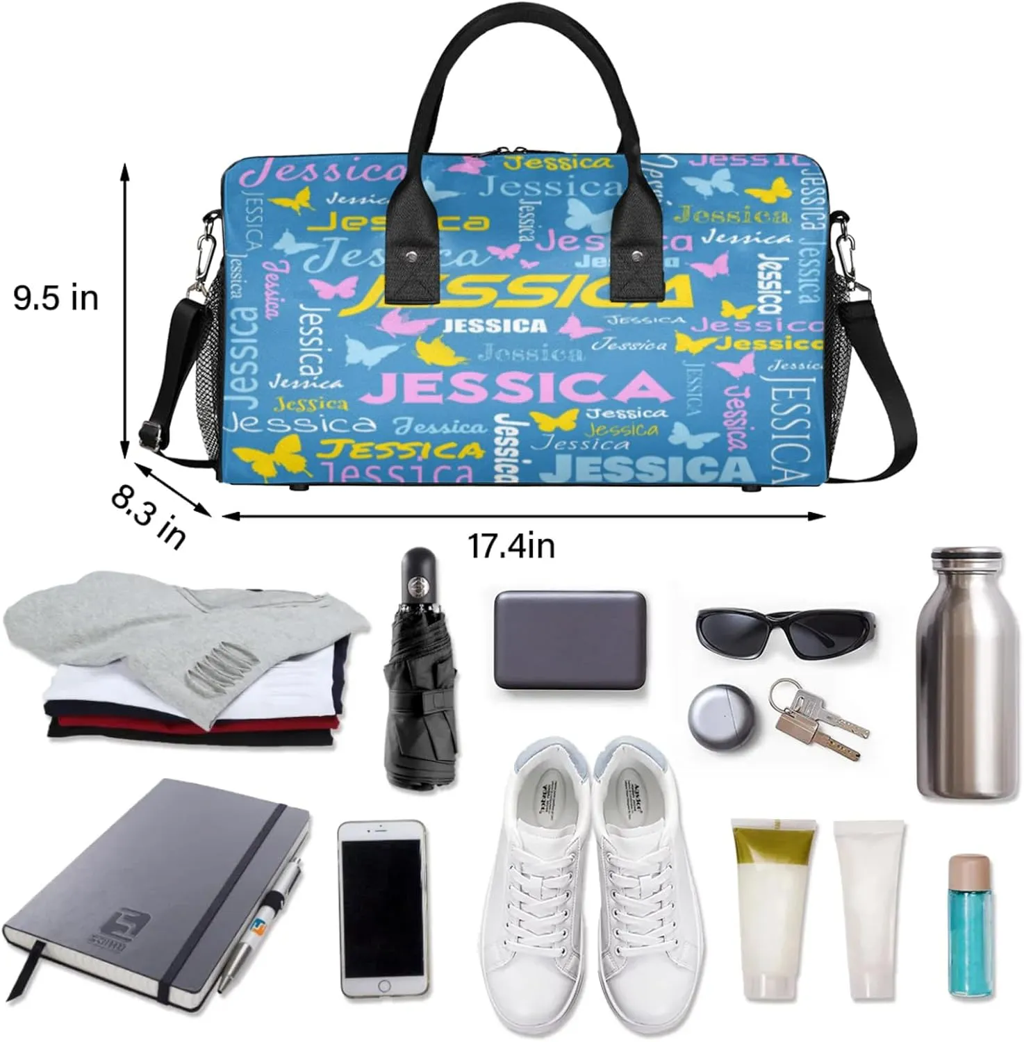 Personalized Sport Duffel Bag with Name, Colorful Butterflies Design Custom Weekender Bag Sleepover Bags for Dance Ballet Gymnastics, Cobalt Blue