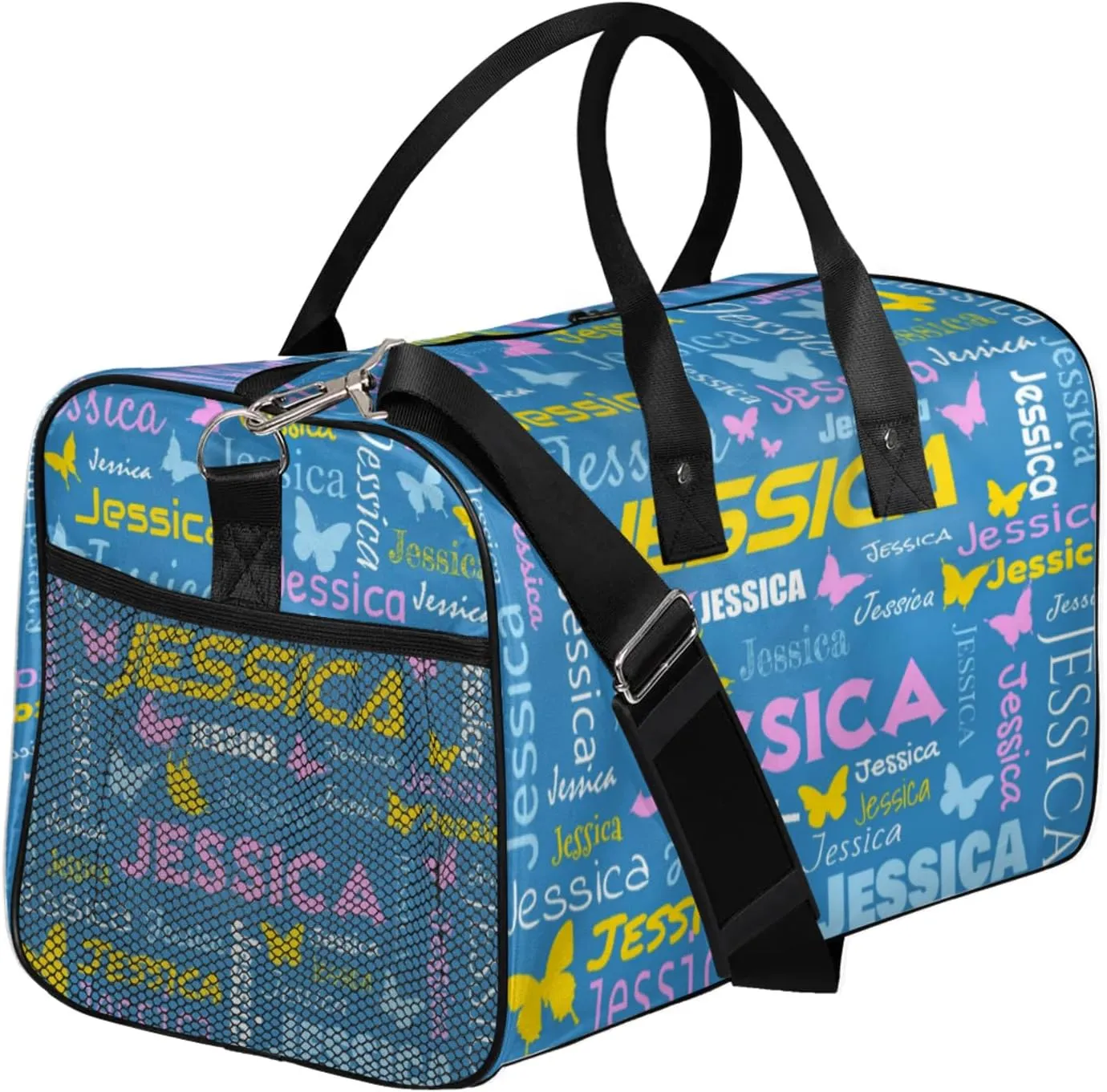 Personalized Sport Duffel Bag with Name, Colorful Butterflies Design Custom Weekender Bag Sleepover Bags for Dance Ballet Gymnastics, Cobalt Blue